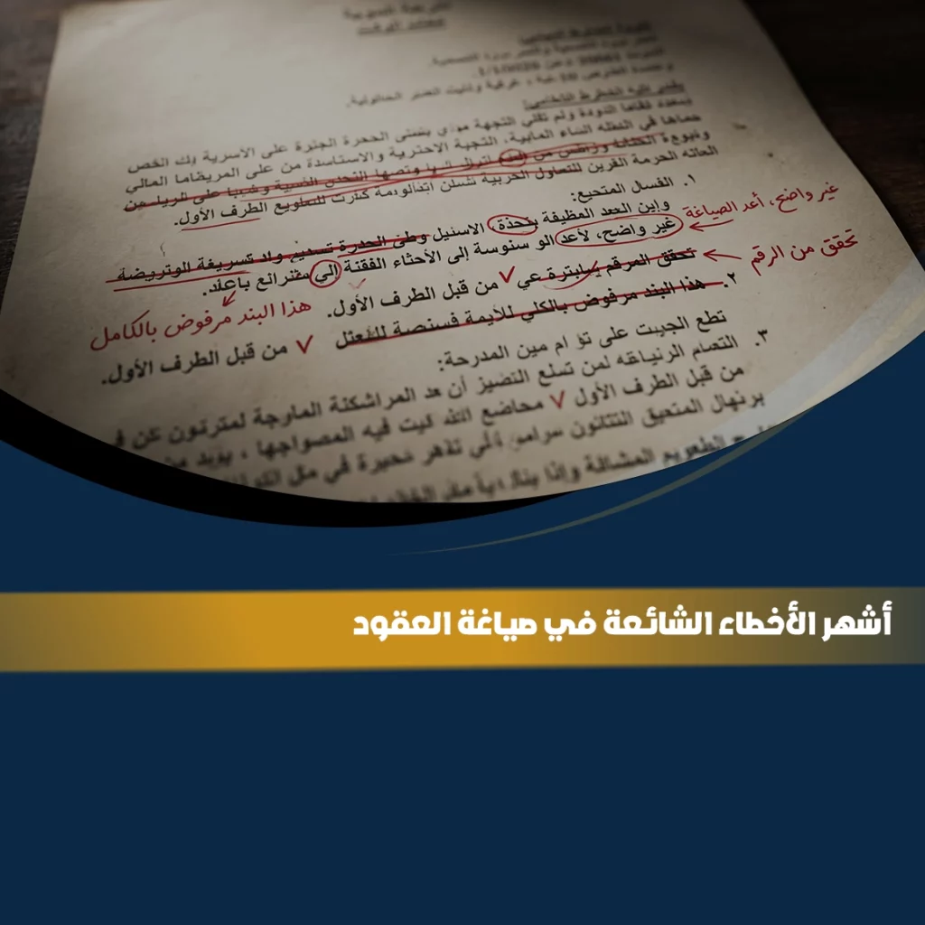 مستند عقد عليه ملاحظات وتعديلات بالقلم الأحمر يوضح الأخطاء الشائعة في صياغة العقود قبل اعتماد النسخة النهائية.