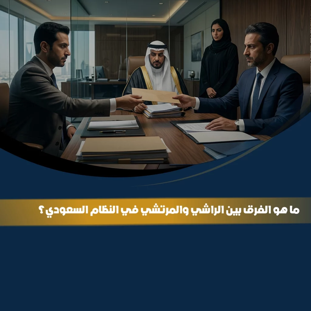 صورة تعبيرية لاجتماع قانوني داخل مكتب رسمي توضح الفرق بين الراشي والمرتشي في النظام السعودي.