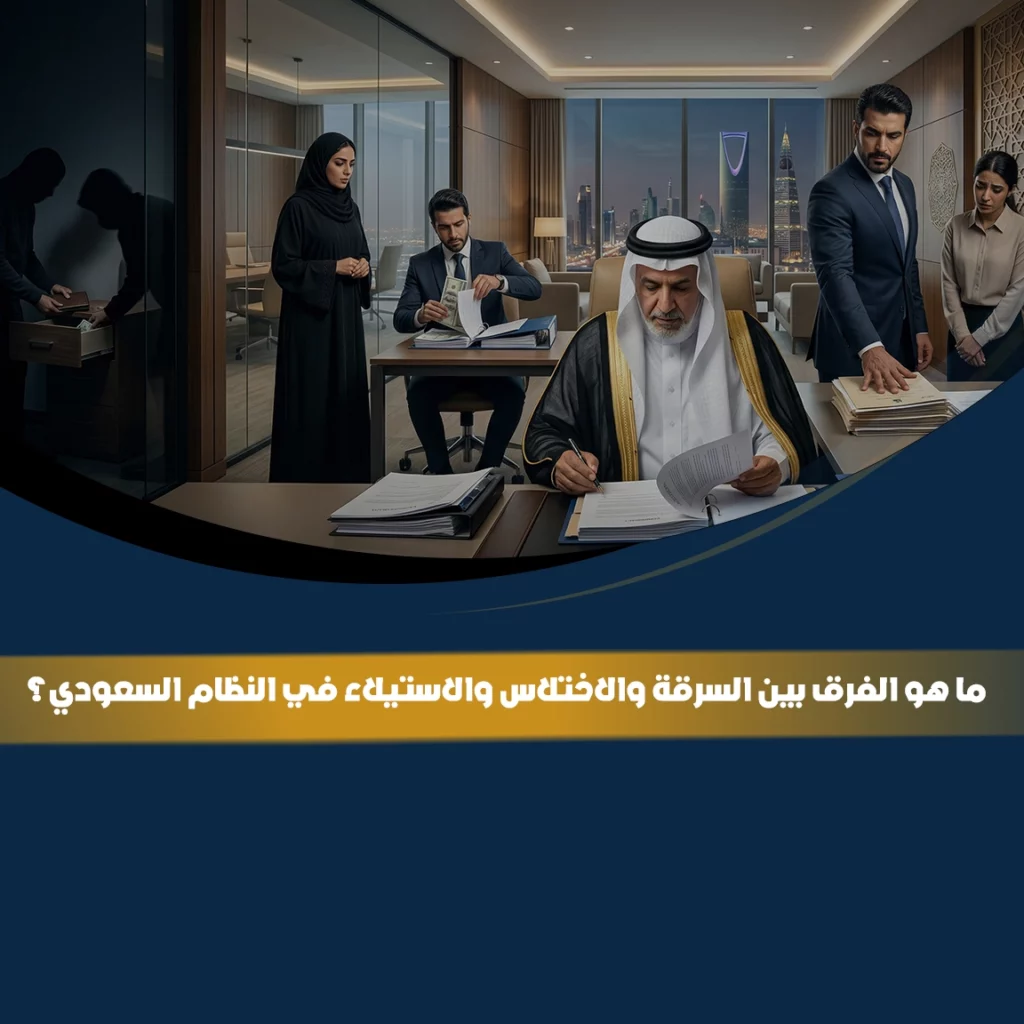 صورة تعبيرية لمشهد قانوني وإداري داخل مكتب رسمي توضح الفرق بين السرقة والاختلاس والاستيلاء في النظام السعودي.